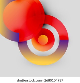 Composição abstrata. Círculos sobrepostos, cores vibrantes e gradientes criam um efeito visual dinâmico. Design moderno, formas simples.