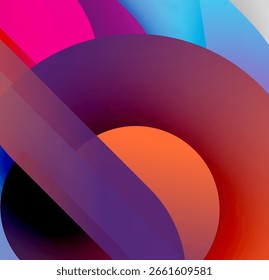 Abstract composition. Overlapping colorful shapes create dynamic visual effect. Bright hues blend, forming gradients. Modern design.
