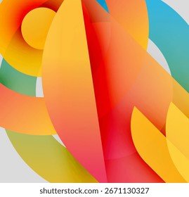 Abstract composition. Overlapping colorful shapes create dynamic visual experience. Warm, cool tones blend seamlessly. Modern design.
