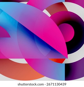 Abstract composition. Overlapping colorful shapes create dynamic visual effect. Gradient hues blend, forming modern artwork.