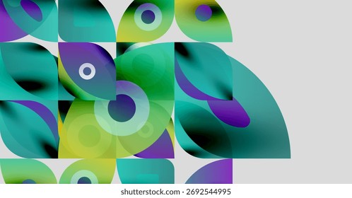 Abstract composition. Overlapping colorful shapes create dynamic visual experience. Gradient hues blend, forming fluid forms. Modern design.