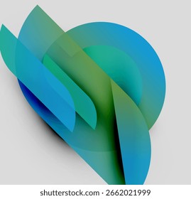 Composición Abstractas. Las Formas curvas superpuestas crean un efecto visual dinámico. Los tonos azules y verdes dominan el diseño. Gradientes lisos presentes.
