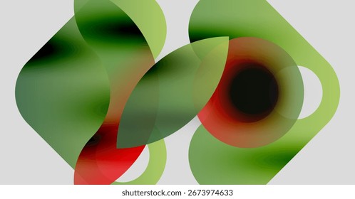Abstract composition. Overlapping green, red shapes create dynamic visual effect. Soft gradients, blurred edges suggest fluidity, movement.