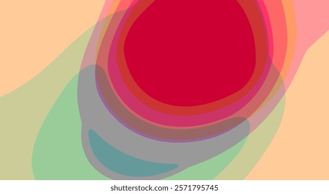 An abstract composition of overlapping organic shapes in bold colors like red, green, peach, and purple, creating a sense of depth and dynamic motion.