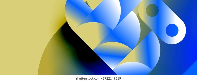 Composição abstrata. Formas sobrepostas, matizes azuis dominam, fundo amarelo fornece contraste. Design moderno, formas fluidas presentes.