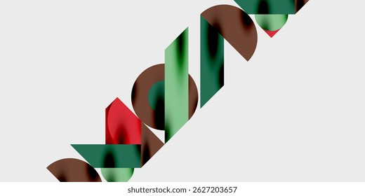 Abstract composition. Overlapping shapes create dynamic visual effect. Colors include red, green, brown, white background.