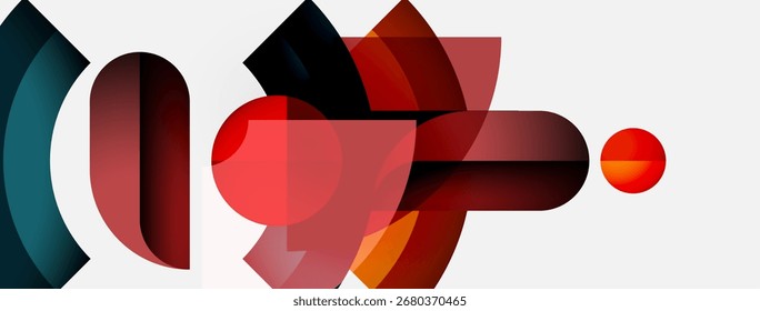 Abstract composition. Overlapping shapes, gradients, red hues dominate. Minimalist design, modern aesthetic, clean lines present.