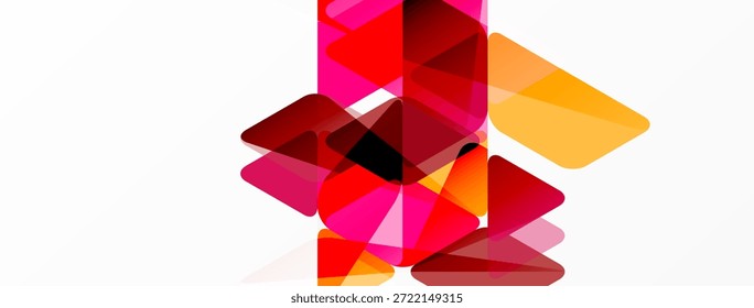 Abstract composition. Overlapping shapes, vibrant reds, pinks, oranges dominate white background. Modern design, geometric forms present.