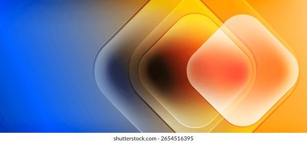 Composição abstrata. Os quadrados sobrepostos mesclam matizes azuis e laranja. O efeito de gradiente cria profundidade, interesse visual. Design moderno.