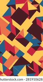 Abstract composition of overlapping triangles and squares in red, blue, orange, and brown on a yellow field, creating a dynamic geometric pattern.