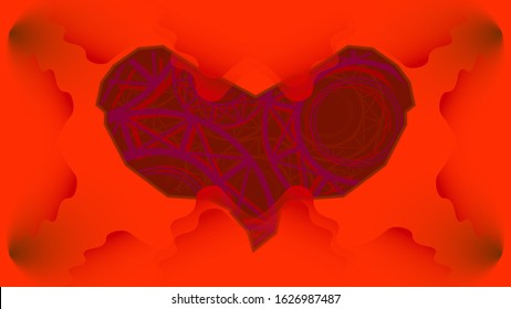 Abstract composition. Panel with a cutout in the shape of a heart, rotating mechanisms inside. All of this is shrouded in reddish steam. Neon colors. Conceptual idea. Use for web, advertising, flyer.