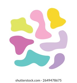 Composição abstrata: formas parecidas com uma ameba de cor pastel dispostas aleatoriamente sobre um fundo branco, criando um ambiente lúdico, alegre e alegre com luz suave e difusa.