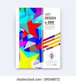Abstract composition, patch font texture, yellow, blue, red color parts, star construction surface, white a4 brochure title sheet, creative figure icon, commercial firm logo, banner form, flier fiber