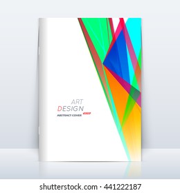 Abstract composition. Patch triangle construction. Blue, green, yellow section trademark. White a4 brochure title sheet. Creative logo icon. Commercial offer banner form. Flyer fiber. Headline element