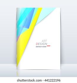 Abstract composition. Patch triangle construction. Blue, yellow section trademark. White a4 brochure title sheet. Creative figure logo icon. Commercial offer banner form. Flyer fiber. Headline element