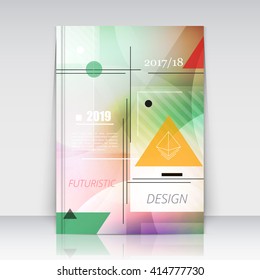 Abstract composition. Patch triangle flyer font texture. Colored trademark construction. Yellow, green, rosy section. Brochure title sheet. Creative round figure icon surface. Infographic banner form.