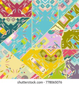 Abstract composition, patchwork quilt pattern, colorful background. Vector header design for banner, flyer, book cover, brochure. Geometric decorative ornament for card or invitation