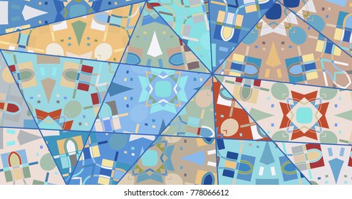 Abstract composition, patchwork quilt pattern, colorful background. Vector header design for banner, flyer, book cover, brochure. Geometric decorative ornament for card or invitation