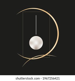Abstract composition with pearl, golden lines on black background