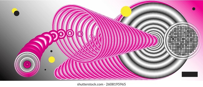 Abstract composition with pink 3D rings, cone shapes, and concentric silver circles on gradient background. Modern geometric layout with dots and grid elements. Vector illustration