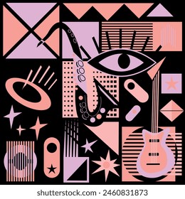 Abstract composition in pink and beige colors. Geometric shapes, saxophone and guitar. Modern trend poster. Flyer or sign graphic design