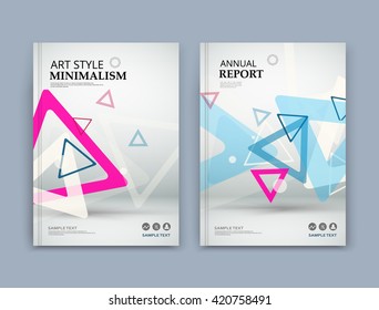 Abstract composition. Pink, blue, triangular texture. Flying triangle part construction. White brochure title sheet. Creative figure icon surface. Transparent contour section banner form. Flyer font.