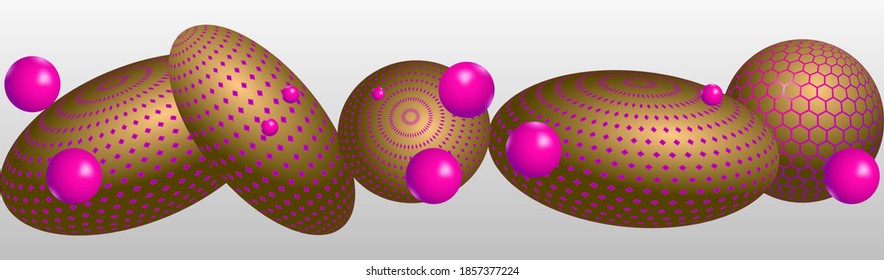 Abstract composition with pink and bronze 3D objects. Levitation spheres in the space. Vector EPS10