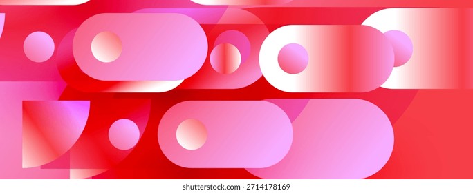 Composición Abstractas. Los Gradientes rosas y rojos forman círculos superpuestos, rectángulos. Diseño moderno, colores vibrantes, Formas simples dominan la Imagen.