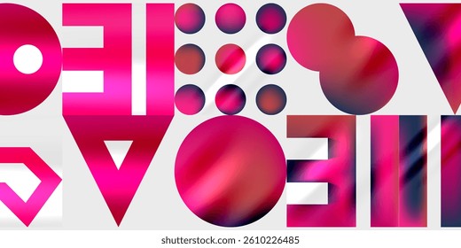 Abstract composition. Pink shapes, circles, squares, rectangles. Modern design. Bright colors. Minimalist aesthetic. Bold forms. Geometric patterns. Dynamic arrangement.