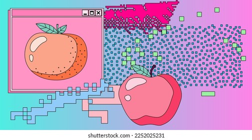 Abstract composition with pixel art and user interface elements.
