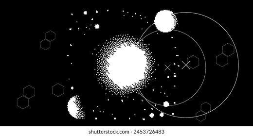 Abstract composition with pixelated circles and dots on dark background.
