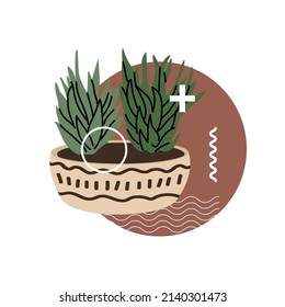 Composición abstracta con elementos de planta y estilo Memphis. Suculentos y cactus, pequeñas plantas decorativas. Ilustración vectorial para sitio web o planta. Elemento aislado sobre fondo blanco.