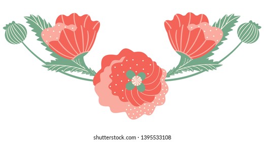 Abstract composition of poppies in the shape of a semicircle. Blooming and closed buds of poppies with stems and leaves on a white background. Vector.