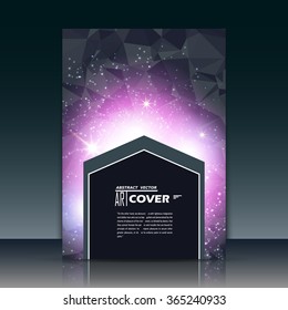 Abstract composition, purple outer space galaxy, glory pink star ray, a4 brochure title sheet, cosmic sky icon, text frame surface, creative figure, logo sign, firm banner form, flier fashion, EPS10
