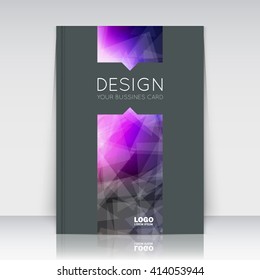 Abstract composition. Purple polygonal triangle construction texture. Lines plexus section. Light rays. Black brochure title sheet. Creative figure logo icon surface. Banner form. Violet flyer font