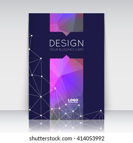 Abstract composition. Purple polygonal triangle construction texture. Cybernetic dots, lines plexus section. Black brochure title sheet. Creative figure logo icon surface. Banner form. Flyer font.