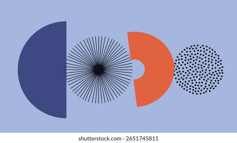Composição abstrata com rajadas radiais, pontos e semicírculos em um fundo fresco. Perfeito para designs artísticos, cartazes e declarações visuais arrojadas.
