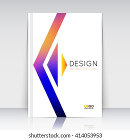 Abstract composition. Rainbow figure texture. Triangle part  construction. Arrow trademark section. White brochure title sheet. Creative logo icon surface. Light banner form. Firm identity. Flyer font