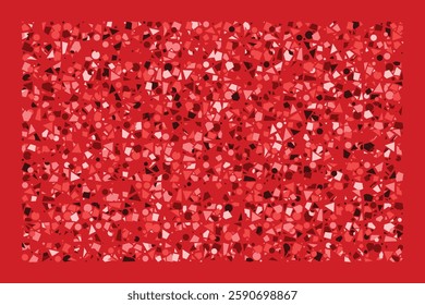 An abstract composition of randomly scattered geometric shapes in shades of red. The dynamic arrangement of triangles, circles, and polygons creates an energetic and chaotic visual balance.