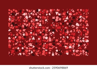 An abstract composition of randomly scattered geometric shapes in shades of red. The dynamic arrangement of triangles, circles, and polygons creates an energetic and chaotic visual balance.