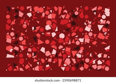 An abstract composition of randomly scattered geometric shapes in shades of red. The dynamic arrangement of triangles, circles, and polygons creates an energetic and chaotic visual balance.