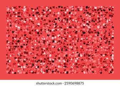 An abstract composition of randomly scattered geometric shapes in shades of red. The dynamic arrangement of triangles, circles, and polygons creates an energetic and chaotic visual balance.