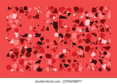 An abstract composition of randomly scattered geometric shapes in shades of red. The dynamic arrangement of triangles, circles, and polygons creates an energetic and chaotic visual balance.