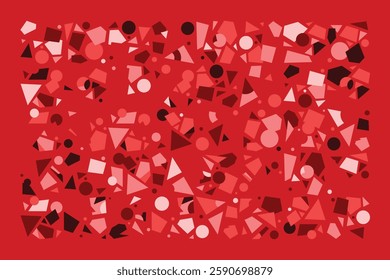 An abstract composition of randomly scattered geometric shapes in shades of red. The dynamic arrangement of triangles, circles, and polygons creates an energetic and chaotic visual balance.
