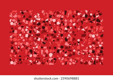 An abstract composition of randomly scattered geometric shapes in shades of red. The dynamic arrangement of triangles, circles, and polygons creates an energetic and chaotic visual balance.
