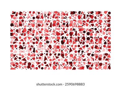 An abstract composition of randomly scattered geometric shapes in shades of red. The dynamic arrangement of triangles, circles, and polygons creates an energetic and chaotic visual balance.