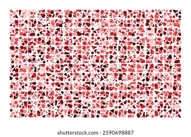 An abstract composition of randomly scattered geometric shapes in shades of red. The dynamic arrangement of triangles, circles, and polygons creates an energetic and chaotic visual balance.