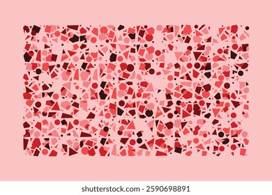 An abstract composition of randomly scattered geometric shapes in shades of red. The dynamic arrangement of triangles, circles, and polygons creates an energetic and chaotic visual balance.
