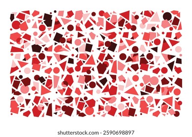 An abstract composition of randomly scattered geometric shapes in shades of red. The dynamic arrangement of triangles, circles, and polygons creates an energetic and chaotic visual balance.