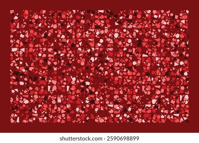 An abstract composition of randomly scattered geometric shapes in shades of red. The dynamic arrangement of triangles, circles, and polygons creates an energetic and chaotic visual balance.